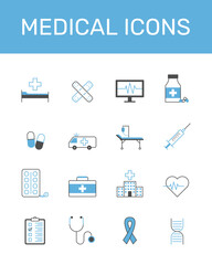 Medicine and health symbols - minimal set of thin line web icons done in black and blue colors. vector illustration.