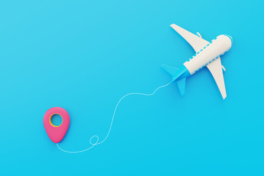 Airplane flying in clouds with location pin, Tourism and travel concept, holiday vacation, nature journey, 3d render.