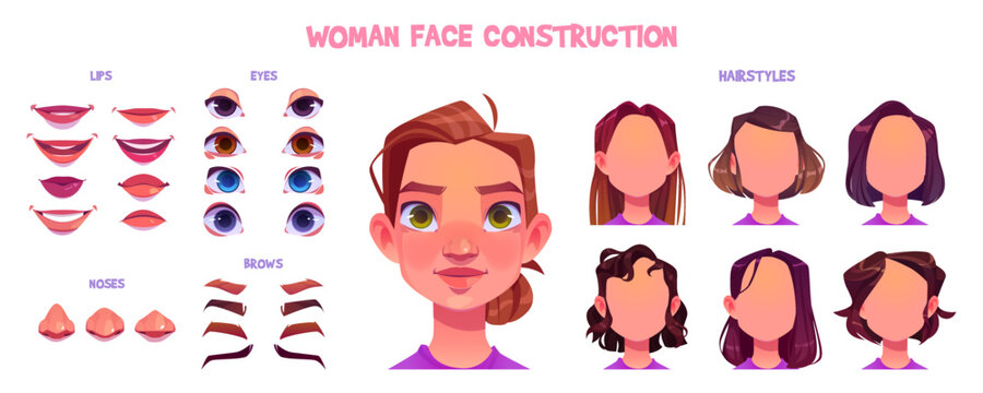 Woman Face Construction Set. Avatar Generator With Different Female Hairstyles, Blue, Brown And Green Eyes, Noses, Brows And Lips Various Shapes, Vector Cartoon Set Isolated On White Background