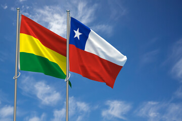 Plurinational State of Bolivia and Republic of Chile  Flags Over Blue Sky Background. 3D Illustration