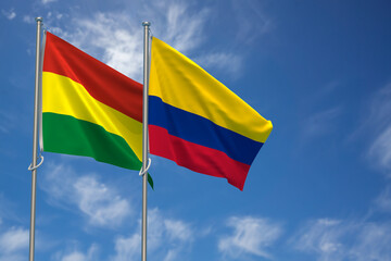 Plurinational State of Bolivia and Republic of Colombia Flags Over Blue Sky Background. 3D Illustration