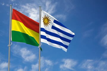 Plurinational State of Bolivia and Oriental Republic of Uruguay Flags Over Blue Sky Background. 3D Illustration