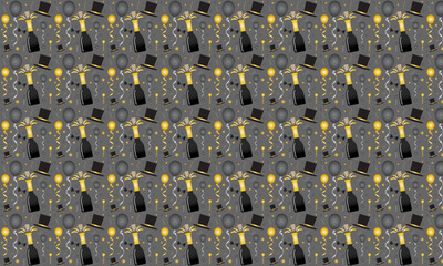 New Year's Eve pattern with champagne bottle, bowtie, balloons, and top hats.