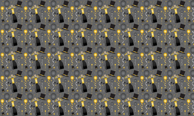 New Year's Eve pattern with champagne bottle, bowtie, balloons, and top hats.