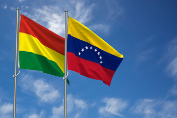 Plurinational State of Bolivia and Bolivarian Republic of Venezuela Flags Over Blue Sky Background. 3D Illustration