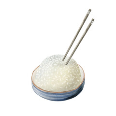 Steamed Rice bowl with chopsticks, watercolor illustration of Chinese cuisine, traditional cuisine