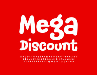 Vector promo banner Mega Discount. White creative Font. Stylish Alphabet Letters, Numbers and Symbols set