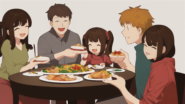 illustration, A family gathered around the dinner table, smiling and sharing a holiday meal