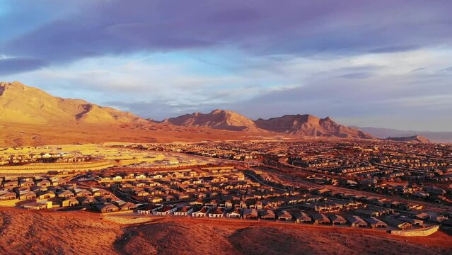 Aerial view panning the Las Vegas rural suburbs near Red Rock Canyon Dec 2022