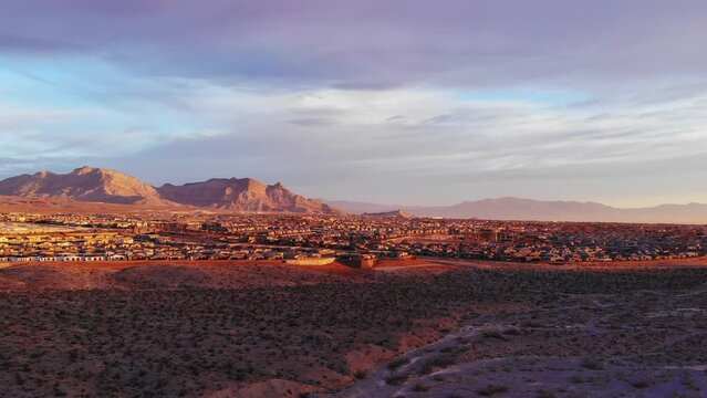 Leaving Red Rock Canyon with aerial  view  to the north and Las Vegas suburbs