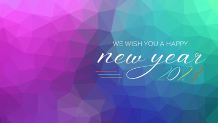 Happy new year 2023 banner design. Unique design for social media posts. We wish you Happy New Year 2023 stylish lettering typography line design. Multicolour lowpoly background poster design.