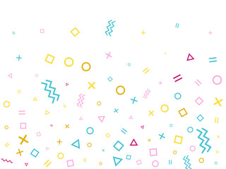 Memphis style geometric confetti background with triangle, circle, square, zigzag and wavy line