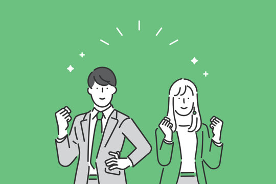 ポジティブな表情でガッツポーズをとる男女のビジネスパーソンのイラスト素材