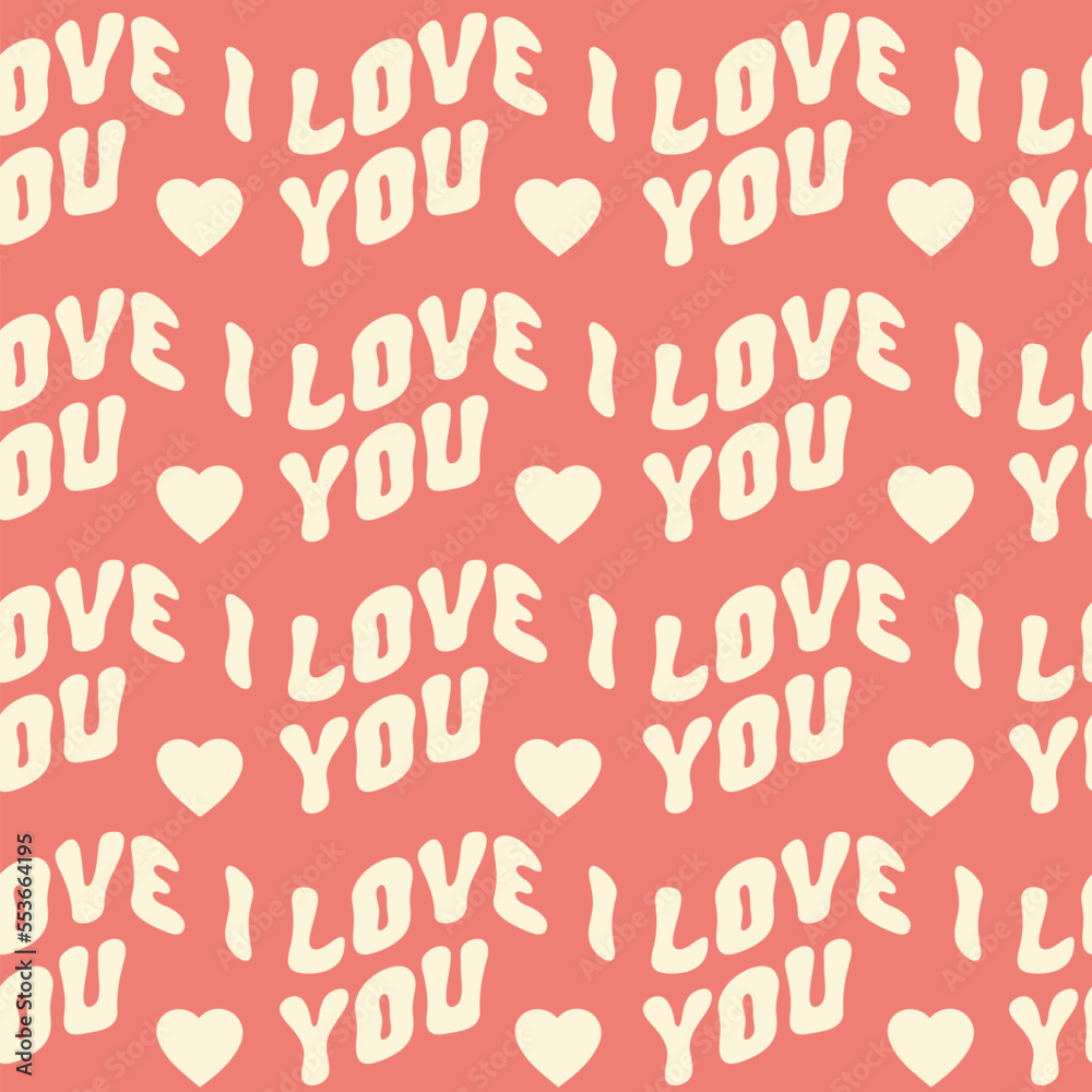 Poster romantic seamless pattern with wavy horizontal text i love you on a red background. retro vintage pr