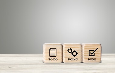 Set of wooden cubes blocks with infographic on the desk