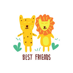 Cute tiger and lion in childish style. Vector Illustration.