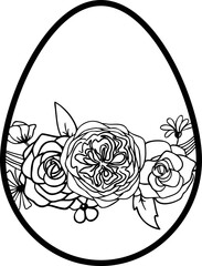 Linear Easter egg with flowers and leaves. This art is perfect for invitation cards, spring and summer decor, greeting cards, posters, scrapbooking, print, etc.