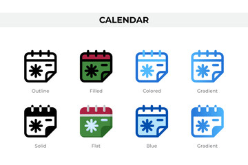 Calendar icons in different style. Calendar icons set. Holiday symbol. Different style icons set. Vector illustration