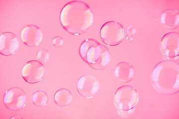 Abstract beautiful viva magenta soap bubbles background. Pink soap bubbles wallpaper. - obrazy, fototapety, plakaty