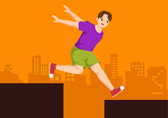 Fototapeta na wymiar Parkour Sports with Young Men Jumping Over Walls and Barriers in City Streets and Buildings in Flat Cartoon Hand Drawn Template Illustration