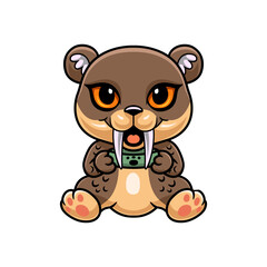 Cute little smilodon cartoon holding food bowl