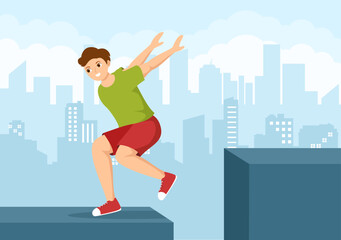 Fototapeta na wymiar Parkour Sports with Young Men Jumping Over Walls and Barriers in City Streets and Buildings in Flat Cartoon Hand Drawn Template Illustration