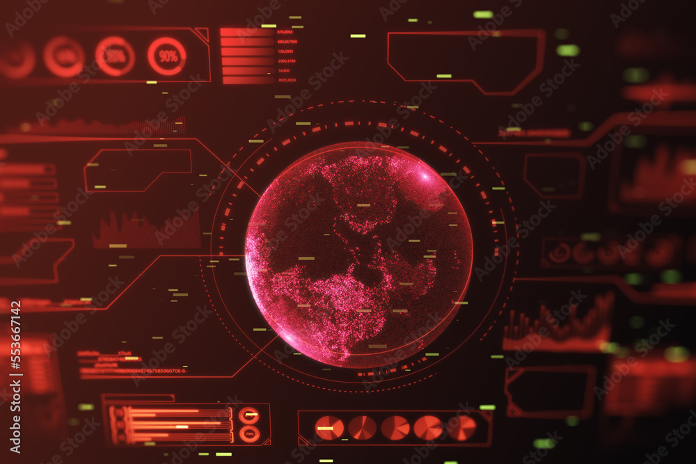 Leinwandbilder Global stats data concept with screen texture of digital interface and world map in the center of composition on dark technological background, hud template. 3D rendering