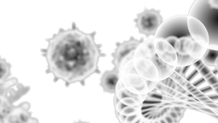 X-ray Molecular structure, DNA model structure and red virus under black Background. Concept image of Genetic Test. 3D illustration. 3D high quality rendering. 3D CG. PNG file format.