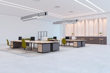 Bright luxury wooden and concrete coworking office interior with carpets, futniture and equipment. 3D Rendering.