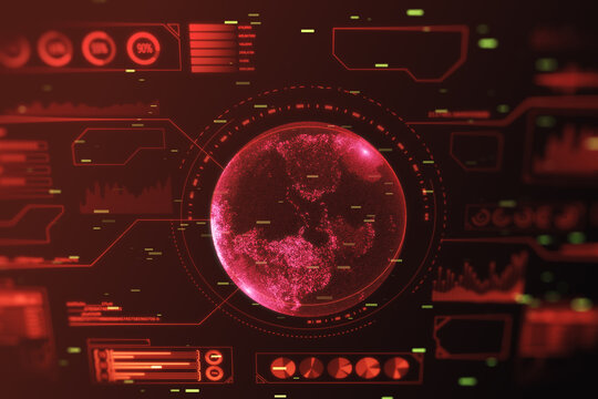 Global stats data concept with screen texture of digital interface and world map in the center of composition on dark technological background, hud template. 3D rendering