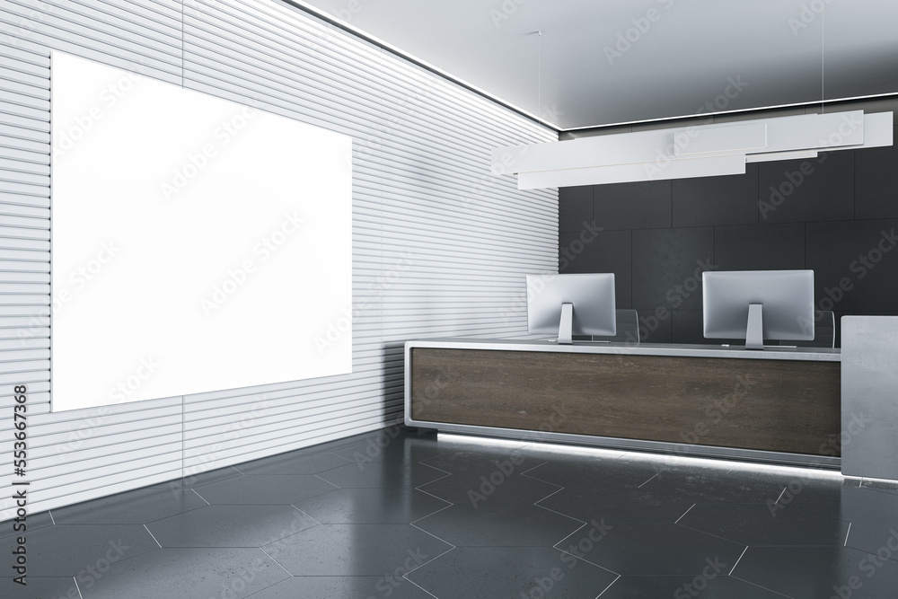 Poster Modern wooden and concrete office reception interior with empty white mock up poster on wall, desk and computer monitors. Hotel lobby and waiting area concept. 3D Rendering.