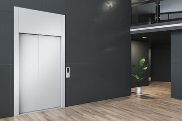 Modern office lobby interior with elevator, decorative plant and wooden flooring. 3D Rendering. © Who is Danny