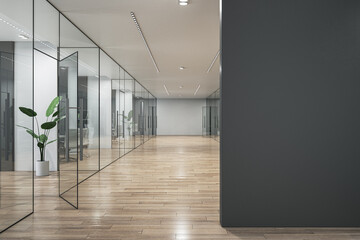 Modern glass office corridor with empty mock up place on dark wall, furniture and wooden flooring. 3D Rendering.