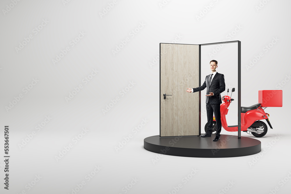 Poster online delivery to door concept. businessman standing next to open door and scooter on whiite backgr