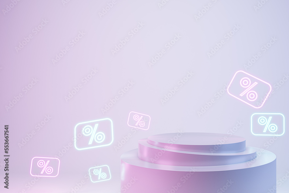 Poster abstract empty pink product display on light background with glowing percentage signs. promotion sal