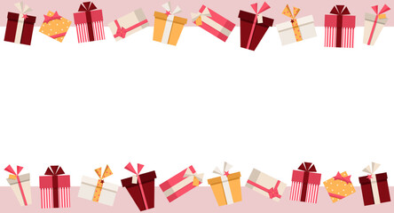 Fototapeta premium Pink,red and orange banner with gift boxes with copy space. Simple shapes for New Year, Christmas, birthdays, weddings, Valentine’s Day. Stylish minimalistic collection for design