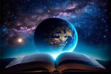 Open book on a earth under the night sky. Magical radiance.