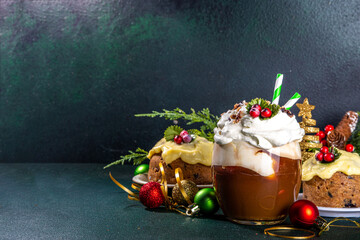 Christmas pudding latte. Sweet coffee drink with whipped cream, vanilla custard creme anglaise,...