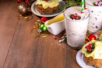 Christmas pudding smoothie or milkshake. Sweet aromatic creamy smoothie with custard vanilla creme...