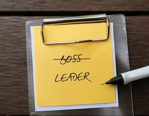 Yellow note with handwritten text BOSS replaced with LEADER, means different mindset of Boss (manages employees) and Leader (motivates to reach their goals)