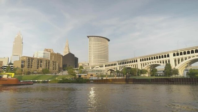 Cleveland, Ohio USA. Detroit-Superior Bridge and Downtown Buildings View From Cuyahoga River