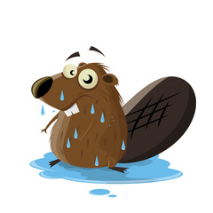 funny cartoon illustration of a wet beaver
