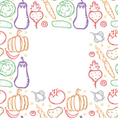 Seamless frame with vegetable icons. doodle vegetables pattern. Food background