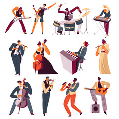 Musicians playing instruments in orchestra vector