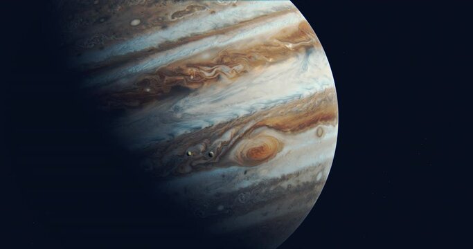 Gas planet Jupiter and it's moons Io and Europa passing over Jupiter's detailed surface. Planet rotating and moons moving seen like sharp telescope time lapse shot. 3D rendering animation.