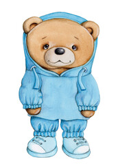 Cute adorable cartoon teddy bear. Watercolor hand painted art, illustration, icon for children design, print. Isolated.