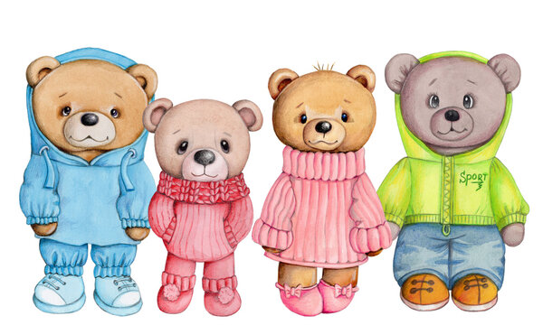Cute adorable cartoon teddy bear. Watercolor hand painted art, illustration, icon for children design, print. Isolated.