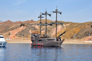 Pirate ship not far from the coast of Sharm El Sheikh. Egypt, Red Sea.