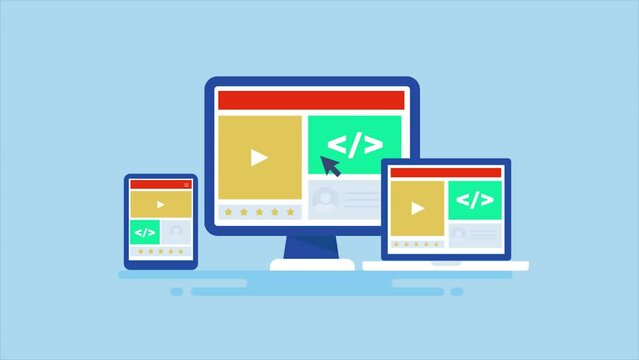 Responsive web design and application interface development on multiple digital devices concept, animation video.