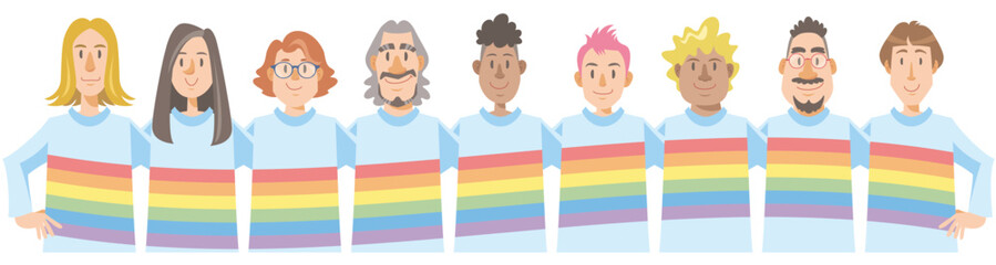 Different gender identity people wearing rainbow color shirts arms around each other's shoulders. Vector illustration in flat cartoon style.